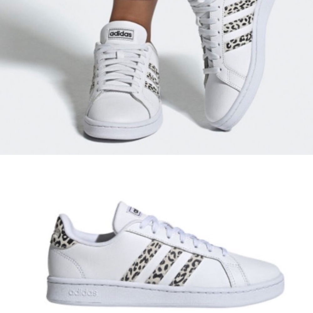 Adidas court shoes with leopard trim
